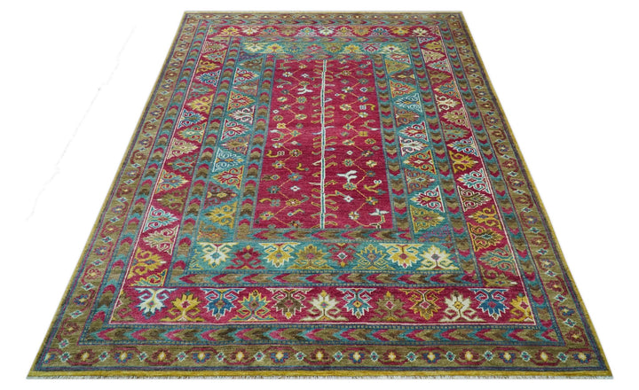 Custom Made Red And Olive Traditional Floral Design Hand Knotted Wool Rug - The Rug Decor