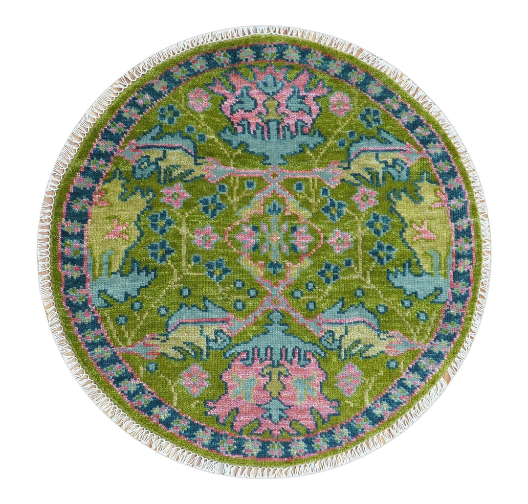 Custom Made Round Donegal Green And Blue Hand Knotted Wool Rug - The Rug Decor