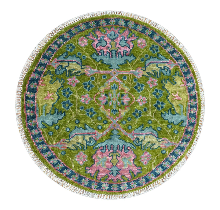 Custom Made Round Donegal Green And Blue Hand Knotted Wool Rug - The Rug Decor