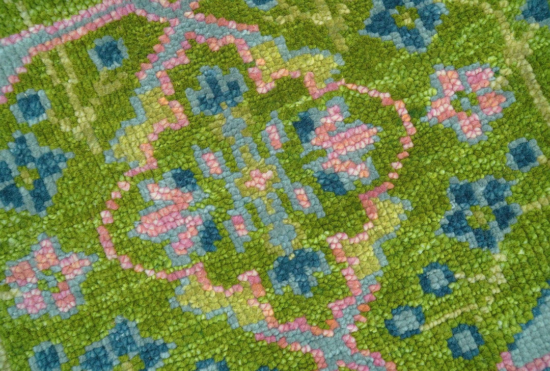 Custom Made Round Donegal Green And Blue Hand Knotted Wool Rug - The Rug Decor