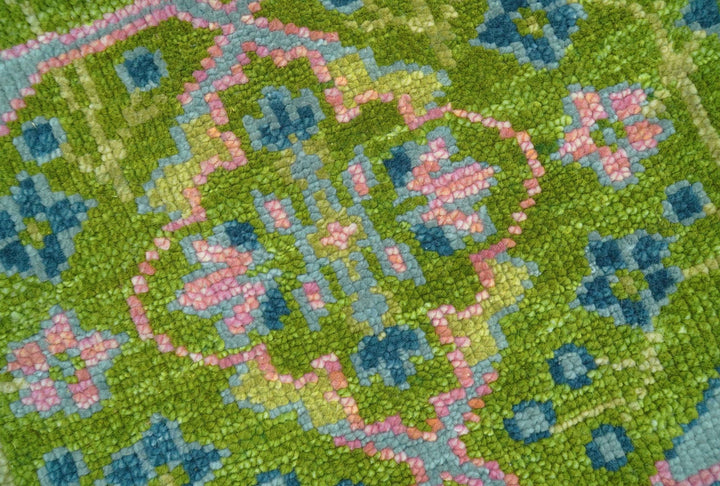 Custom Made Round Donegal Green And Blue Hand Knotted Wool Rug - The Rug Decor