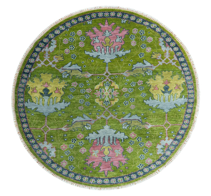 Custom Made Round Donegal Green And Blue Hand Knotted Wool Rug - The Rug Decor