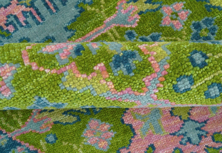 Custom Made Round Donegal Green And Blue Hand Knotted Wool Rug - The Rug Decor