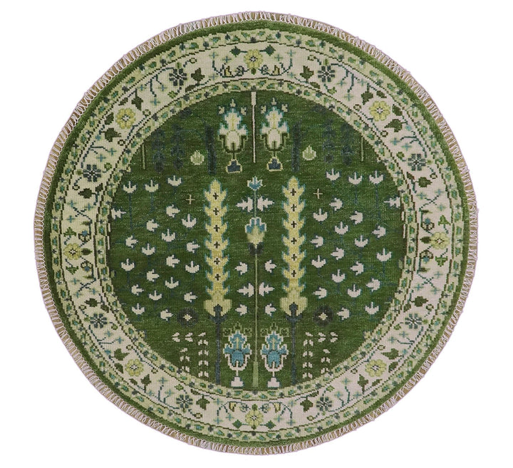 Custom Made Round Hand Knotted Green And Ivory Tree of life Wool Rug - The Rug Decor