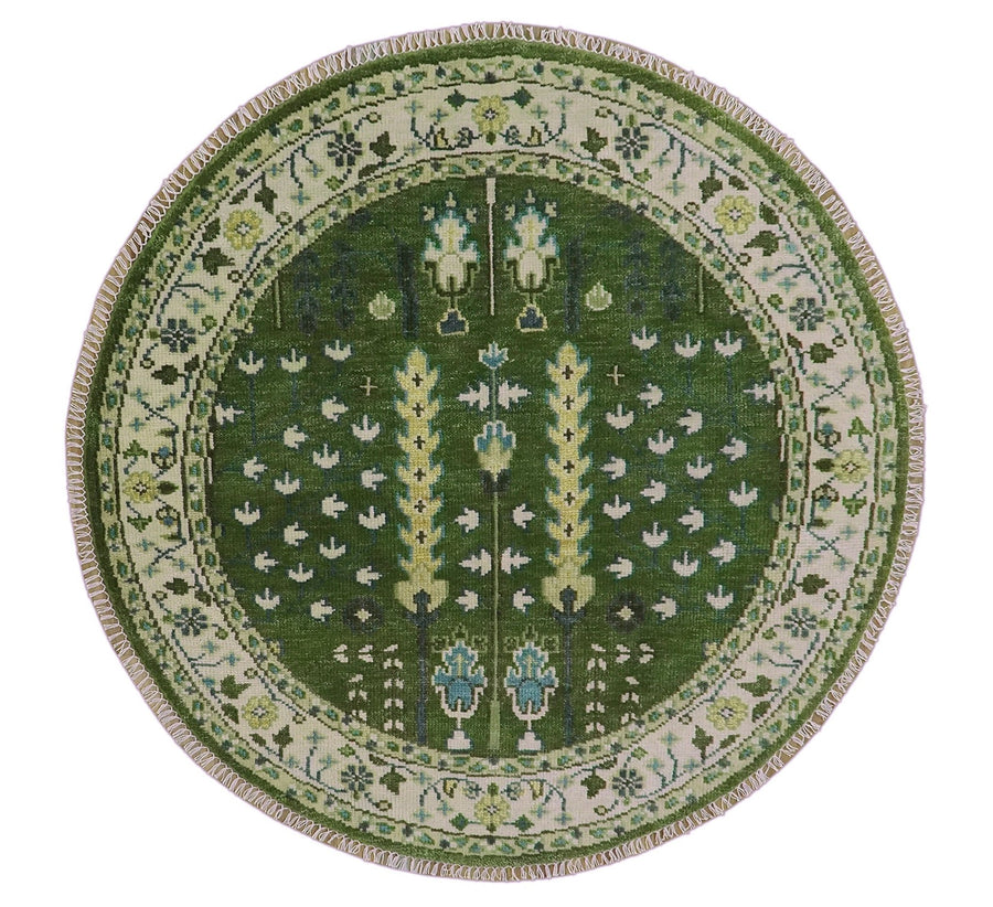 Custom Made Round Hand Knotted Green And Ivory Tree of life Wool Rug - The Rug Decor