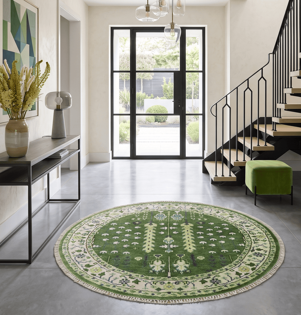 Custom Made Round Hand Knotted Green And Ivory Tree of life Wool Rug - The Rug Decor