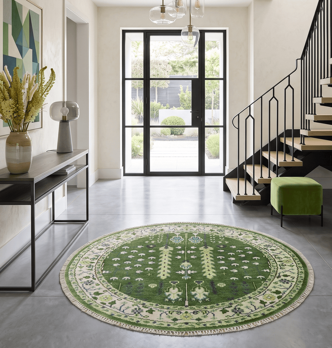 Custom Made Round Hand Knotted Green And Ivory Tree of life Wool Rug - The Rug Decor