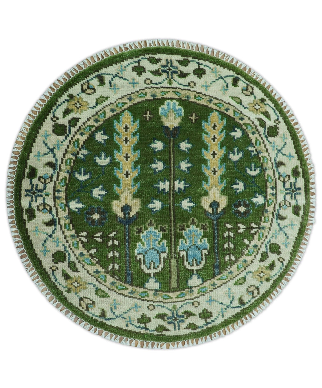 Custom Made Round Hand Knotted Green And Ivory Tree of life Wool Rug - The Rug Decor