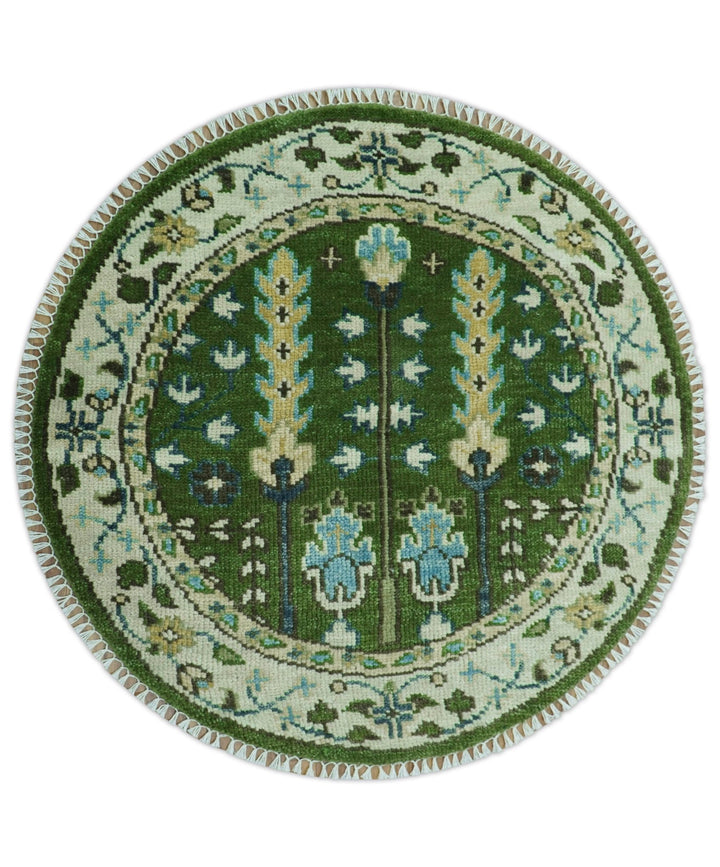 Custom Made Round Hand Knotted Green And Ivory Tree of life Wool Rug - The Rug Decor