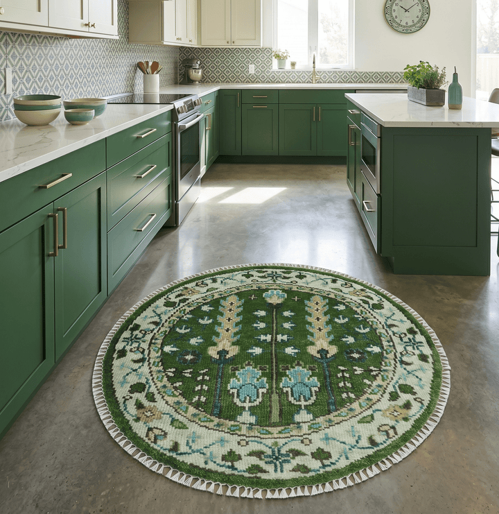 Custom Made Round Hand Knotted Green And Ivory Tree of life Wool Rug - The Rug Decor