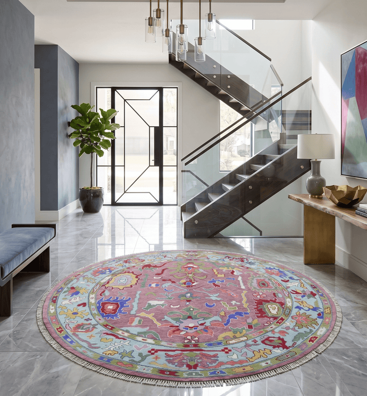 Custom Made Round Traditional Oushak Pink And Blue Hand Knotted Wool Rug - The Rug Decor