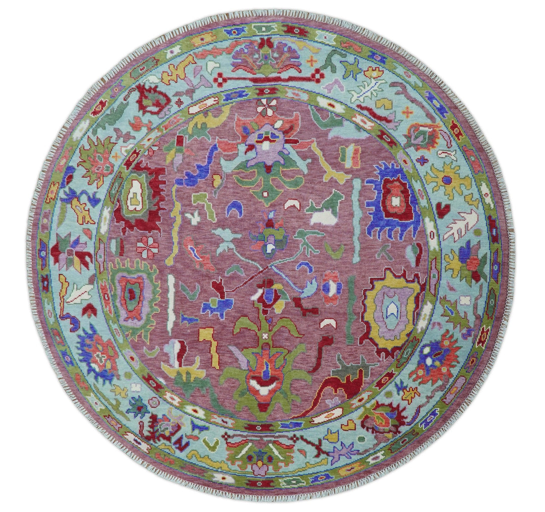 Custom Made Round Traditional Oushak Pink And Blue Hand Knotted Wool Rug - The Rug Decor