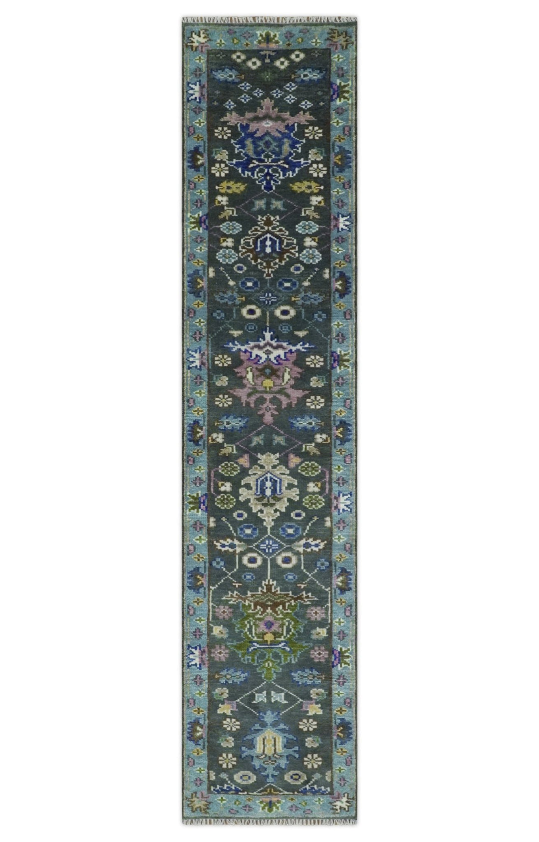 Custom Made Runner Charcoal, Green And Blue Turkish Design Hand Knotted Wool Rug - The Rug Decor