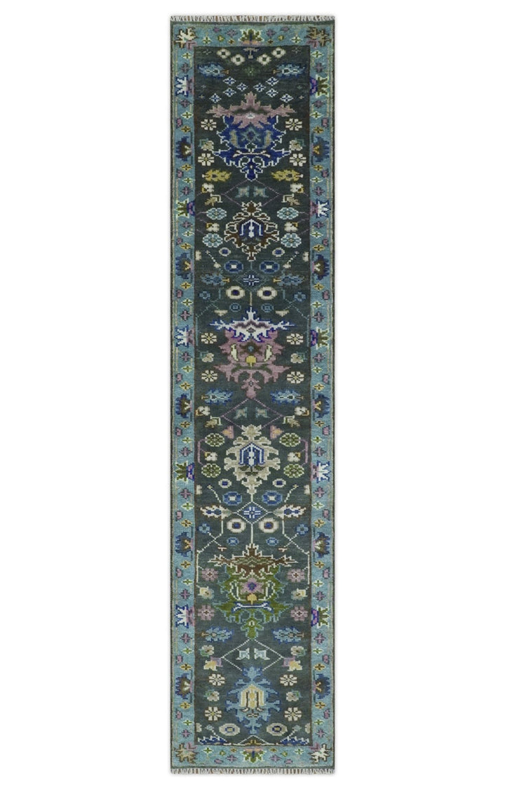 Custom Made Runner Charcoal, Green And Blue Turkish Design Hand Knotted Wool Rug - The Rug Decor