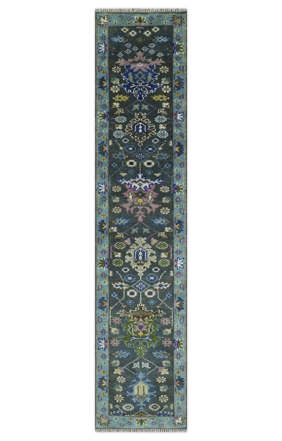 Custom Made Runner Charcoal, Green And Blue Turkish Design Hand Knotted Wool Rug - The Rug Decor