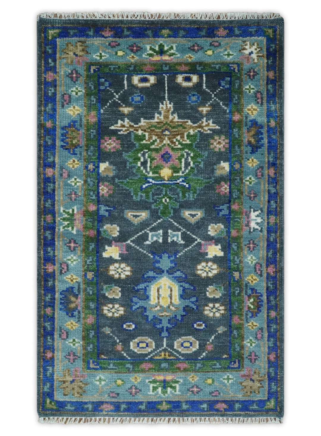Custom Made Runner Charcoal, Green And Blue Turkish Design Hand Knotted Wool Rug - The Rug Decor