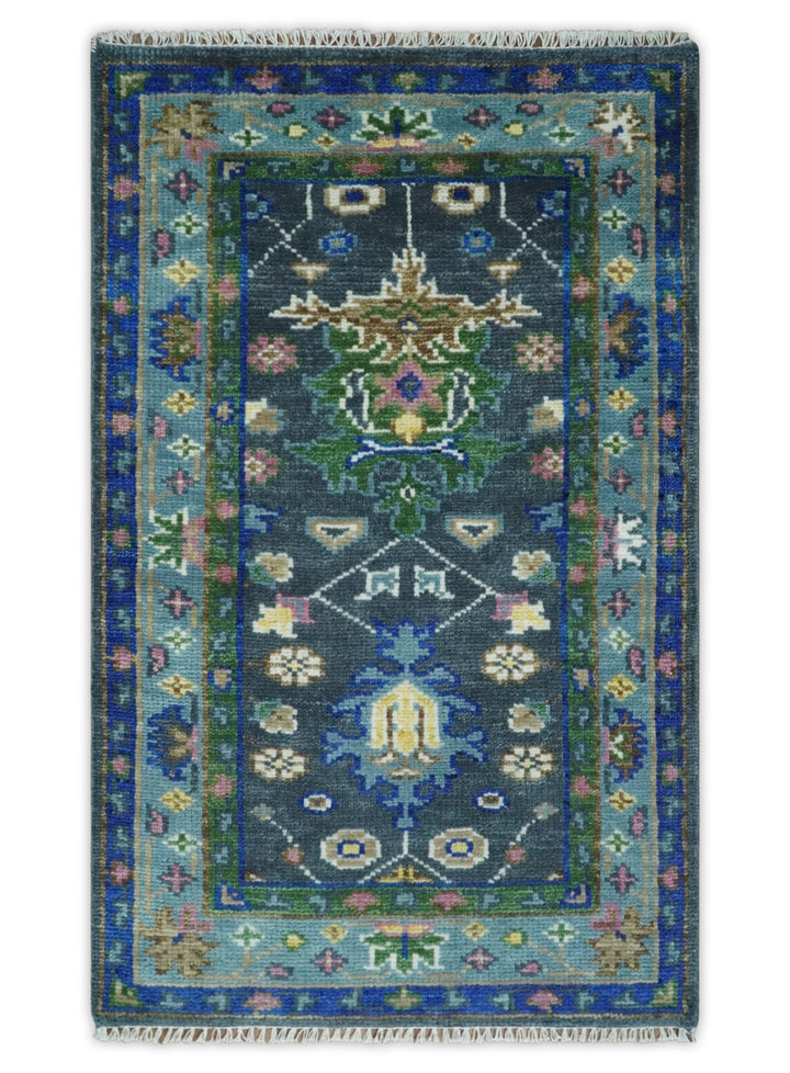 Custom Made Runner Charcoal, Green And Blue Turkish Design Hand Knotted Wool Rug - The Rug Decor