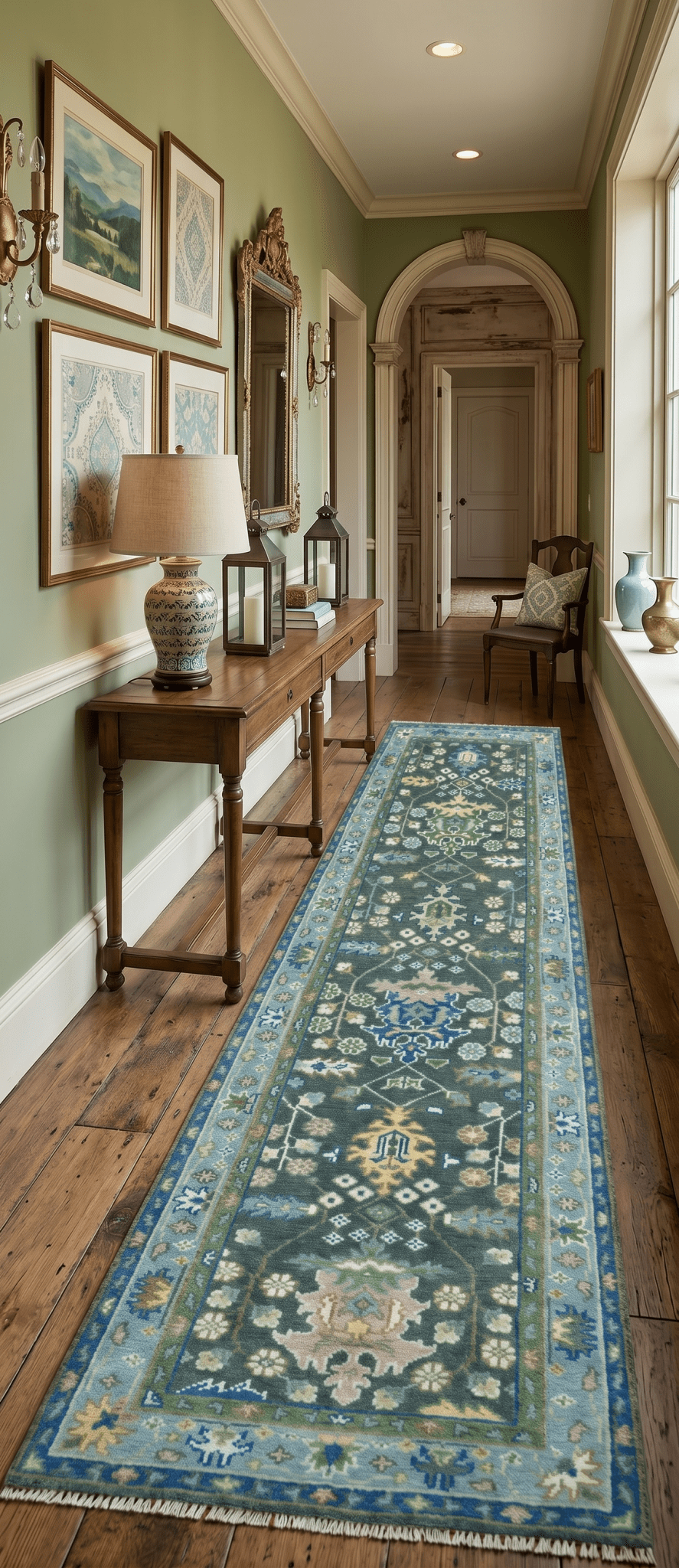 Custom Made Runner Charcoal, Green And Blue Turkish Design Hand Knotted Wool Rug - The Rug Decor