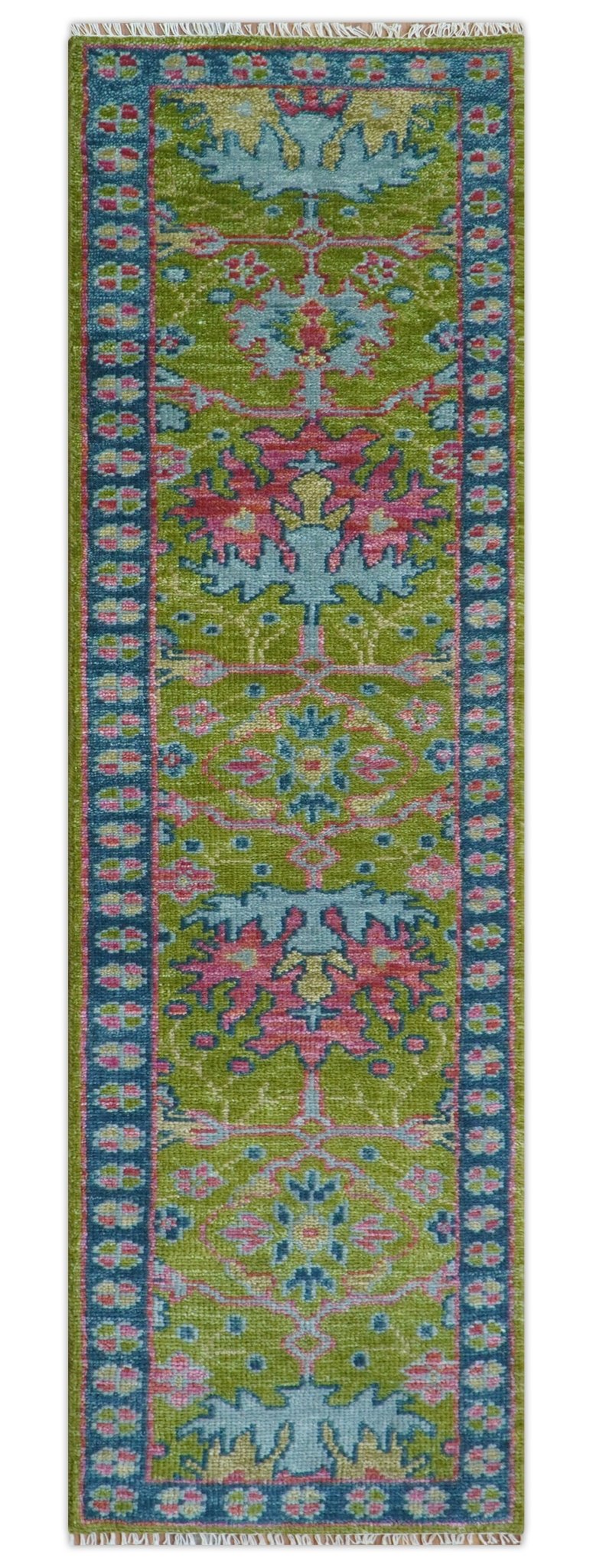 Custom Made Runner Donegal Green And Blue Hand Knotted Wool Rug - The Rug Decor