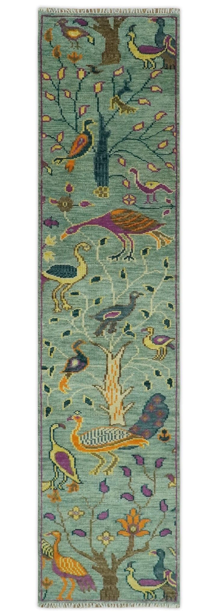Custom Made Runner Jungle Life Peacock Green Hand Knotted Wool Rug - The Rug Decor
