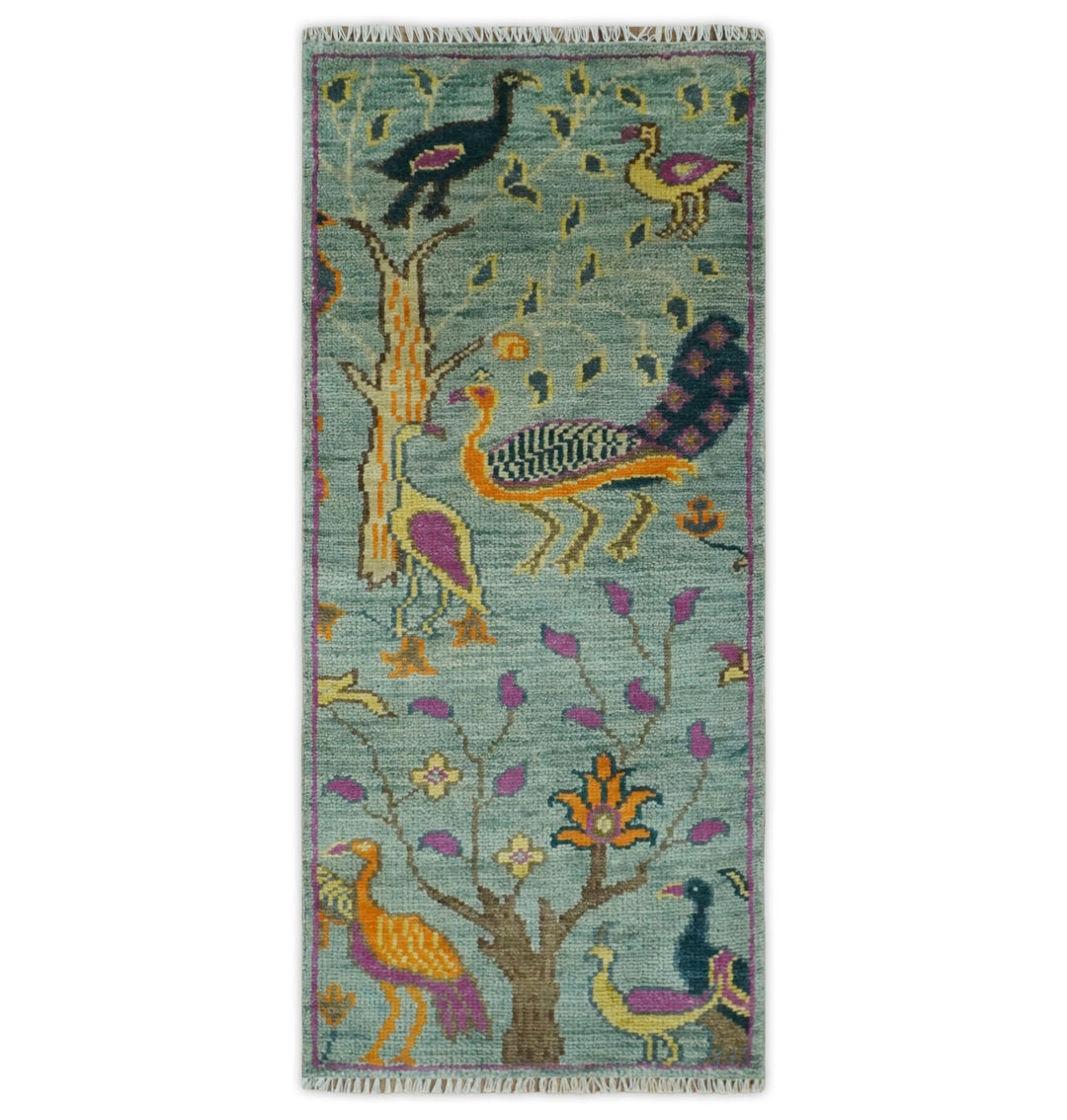 Custom Made Runner Jungle Life Peacock Green Hand Knotted Wool Rug - The Rug Decor