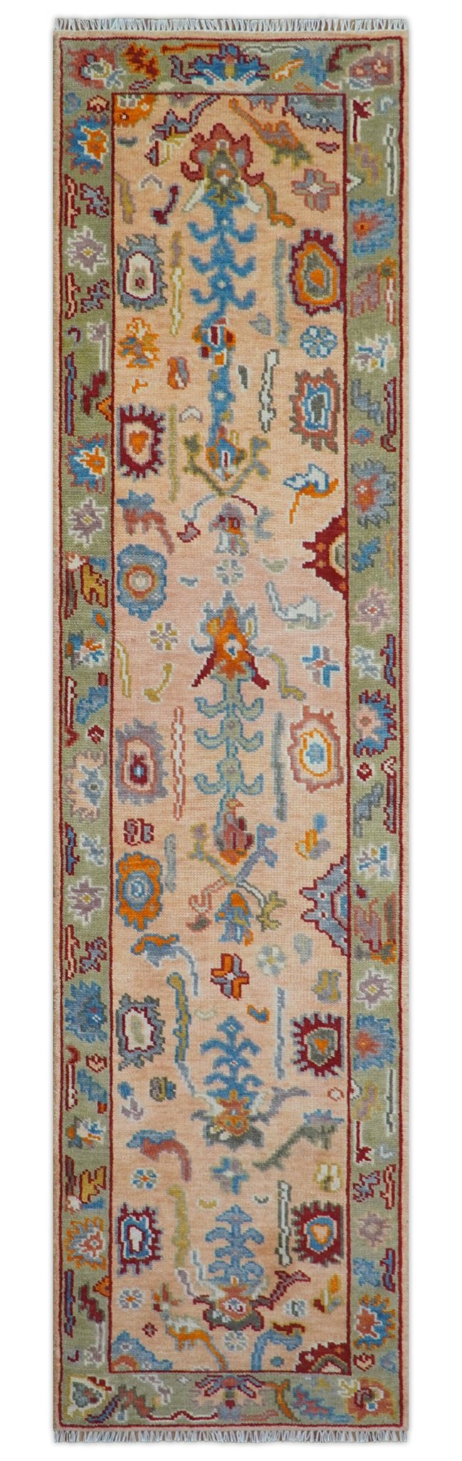 Custom Made Runner Oushak Peach And Green Wool Rug - The Rug Decor