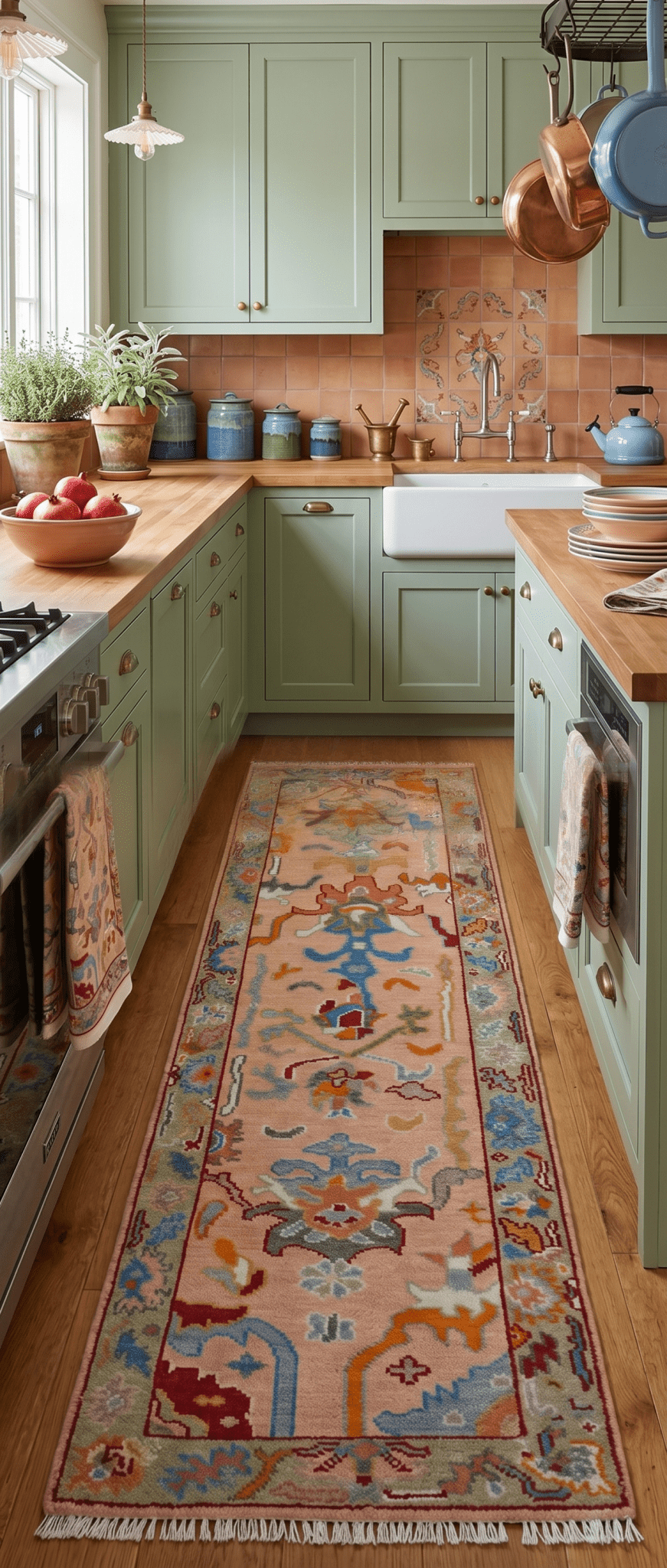 Custom Made Runner Oushak Peach And Green Wool Rug - The Rug Decor