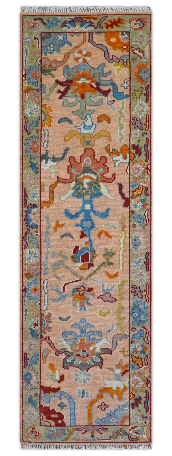 Custom Made Runner Oushak Peach And Green Wool Rug - The Rug Decor