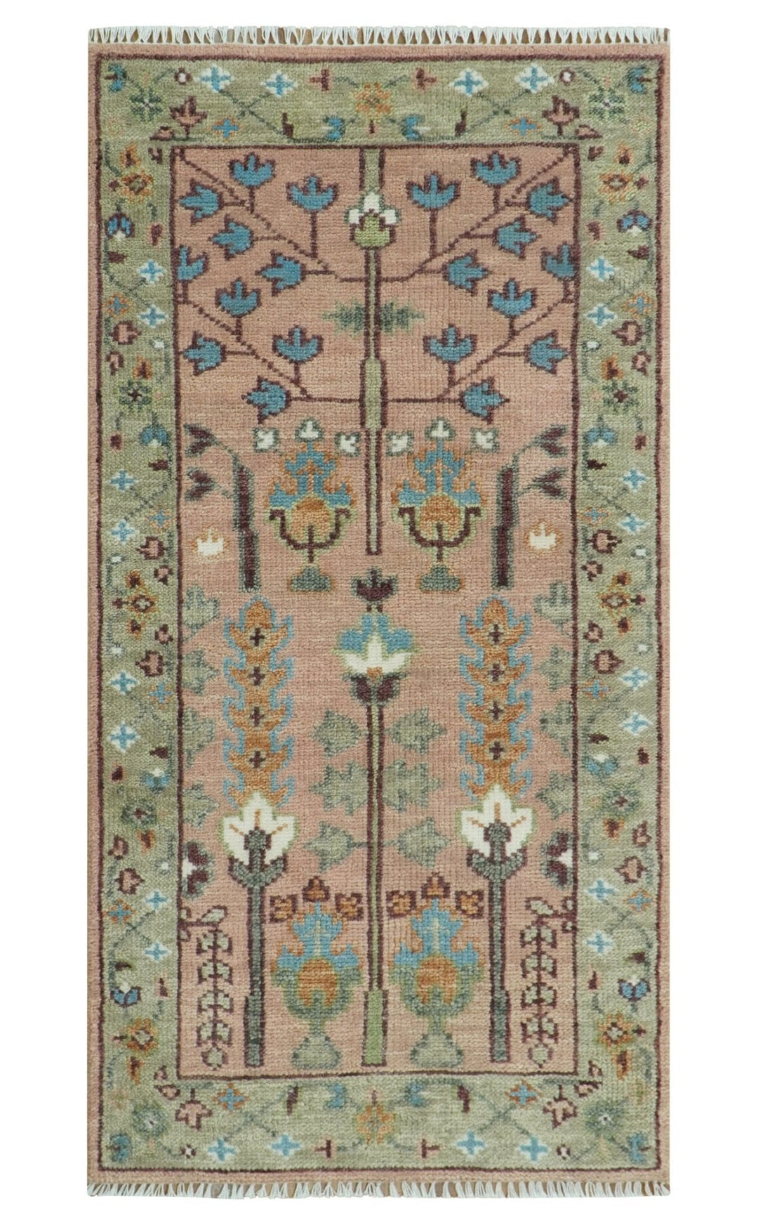 Custom Made Runner Rug Pink And Olive Tree of life Hand Knotted - The Rug Decor