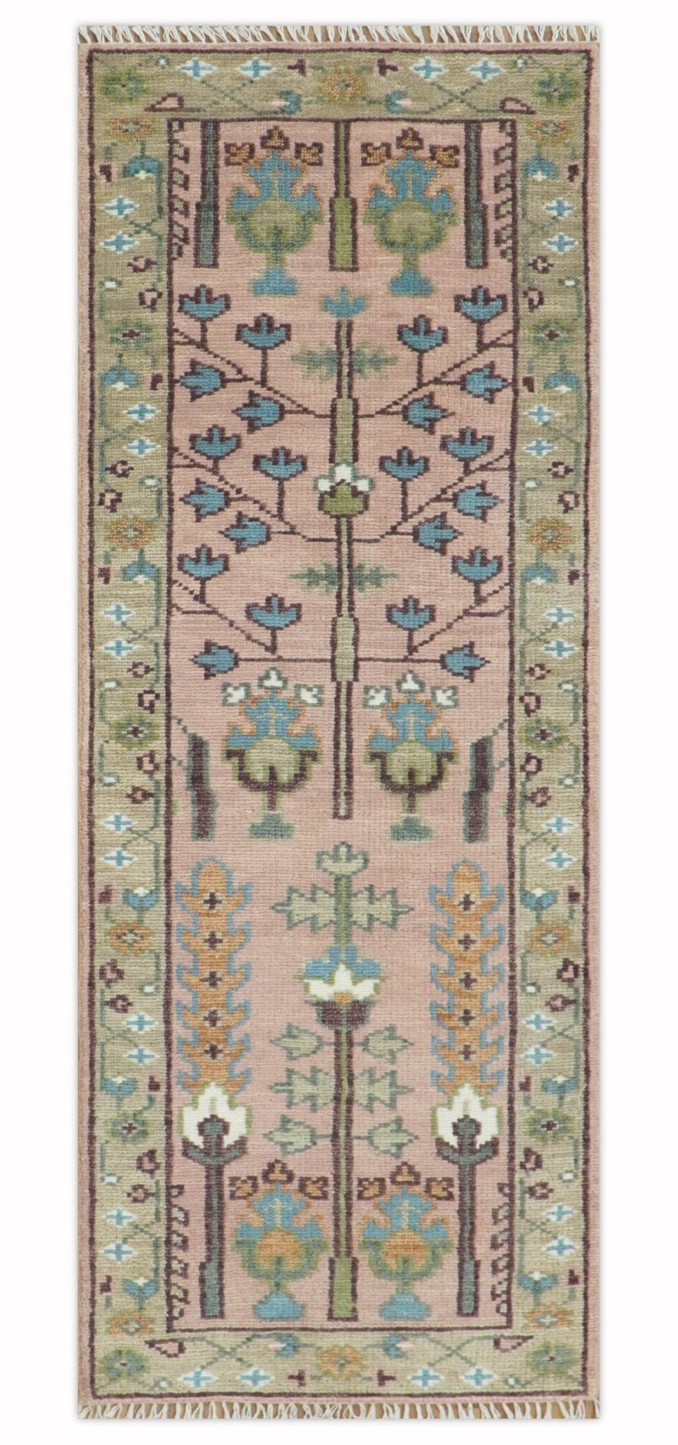 Custom Made Runner Rug Pink And Olive Tree of life Hand Knotted - The Rug Decor