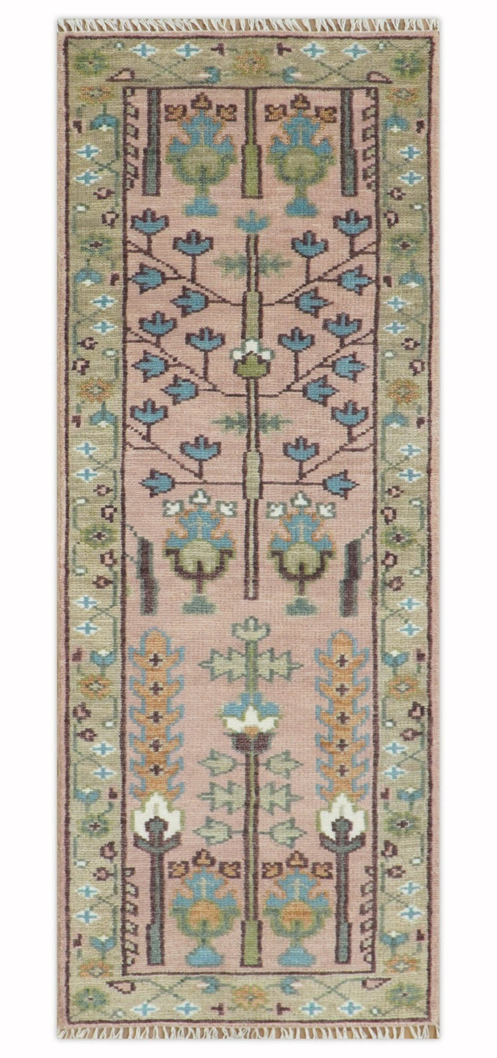 Custom Made Runner Rug Pink And Olive Tree of life Hand Knotted - The Rug Decor
