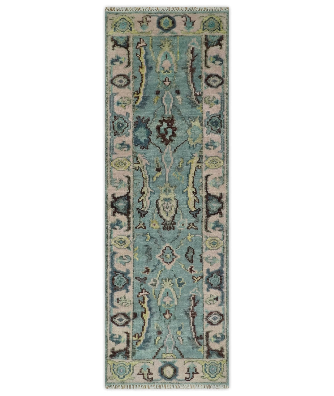 Custom Made Runner Seafoam And Peach Oushak Hand Knotted Wool Rug - The Rug Decor