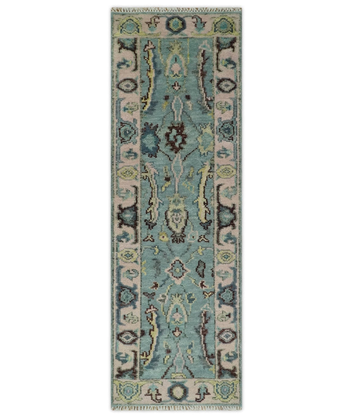 Custom Made Runner Seafoam And Peach Oushak Hand Knotted Wool Rug - The Rug Decor