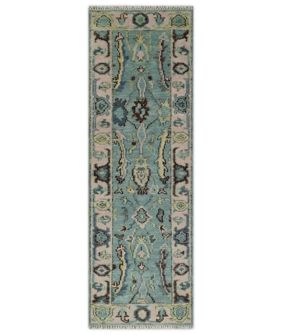 Custom Made Runner Seafoam And Peach Oushak Hand Knotted Wool Rug - The Rug Decor