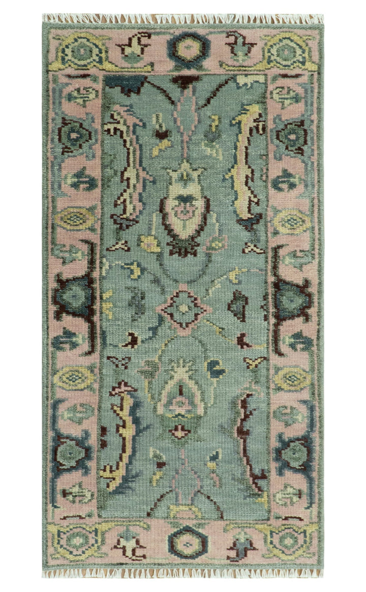 Custom Made Runner Seafoam And Peach Oushak Hand Knotted Wool Rug - The Rug Decor