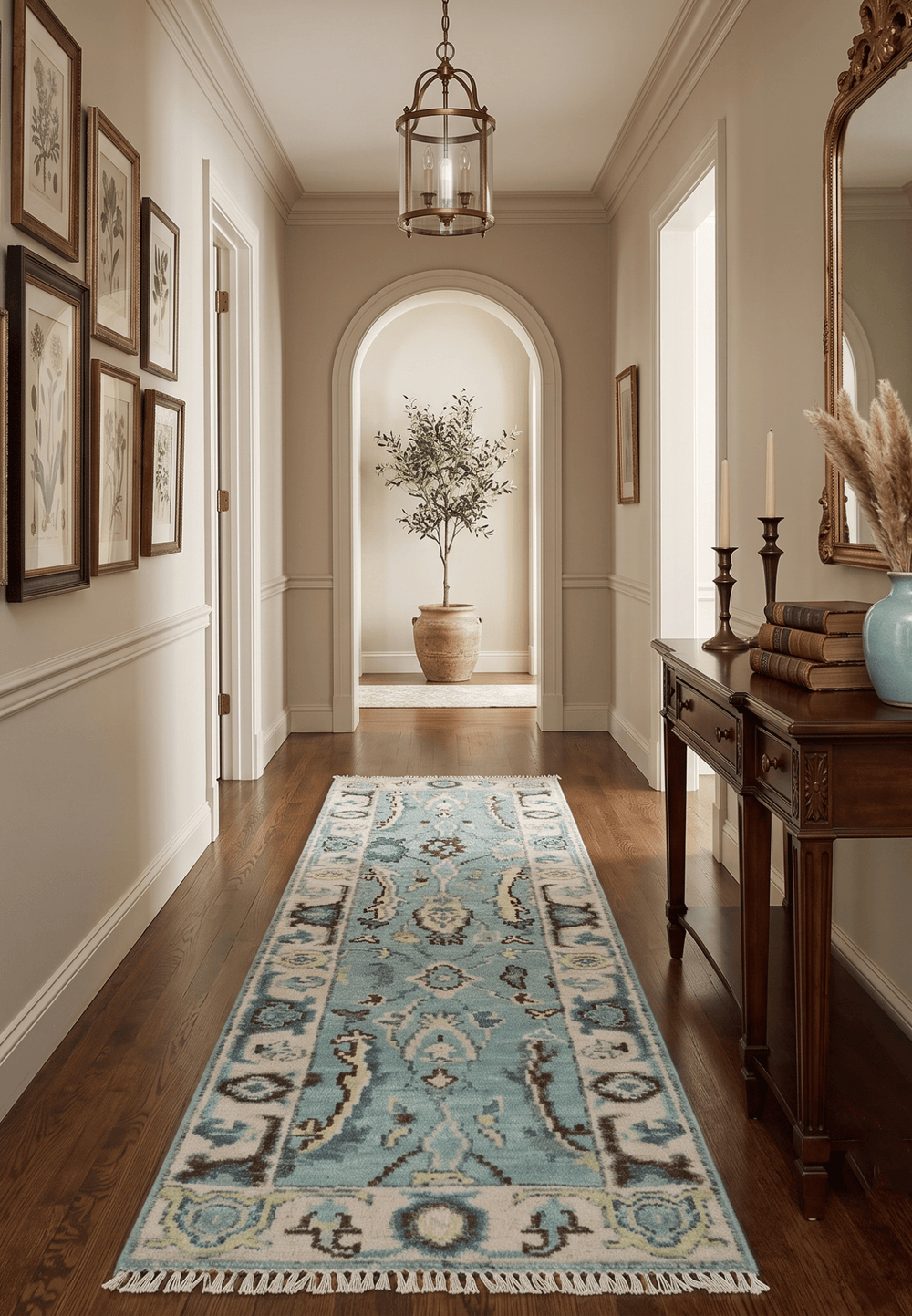 Custom Made Runner Seafoam And Peach Oushak Hand Knotted Wool Rug - The Rug Decor