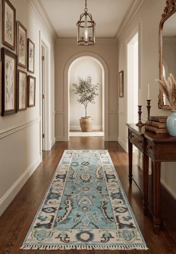 Custom Made Runner Seafoam And Peach Oushak Hand Knotted Wool Rug - The Rug Decor