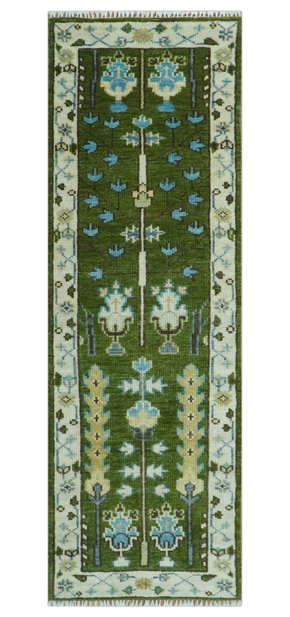 Custom Made Runner Tree of life Green And Ivory Hand Knotted Rug - The Rug Decor