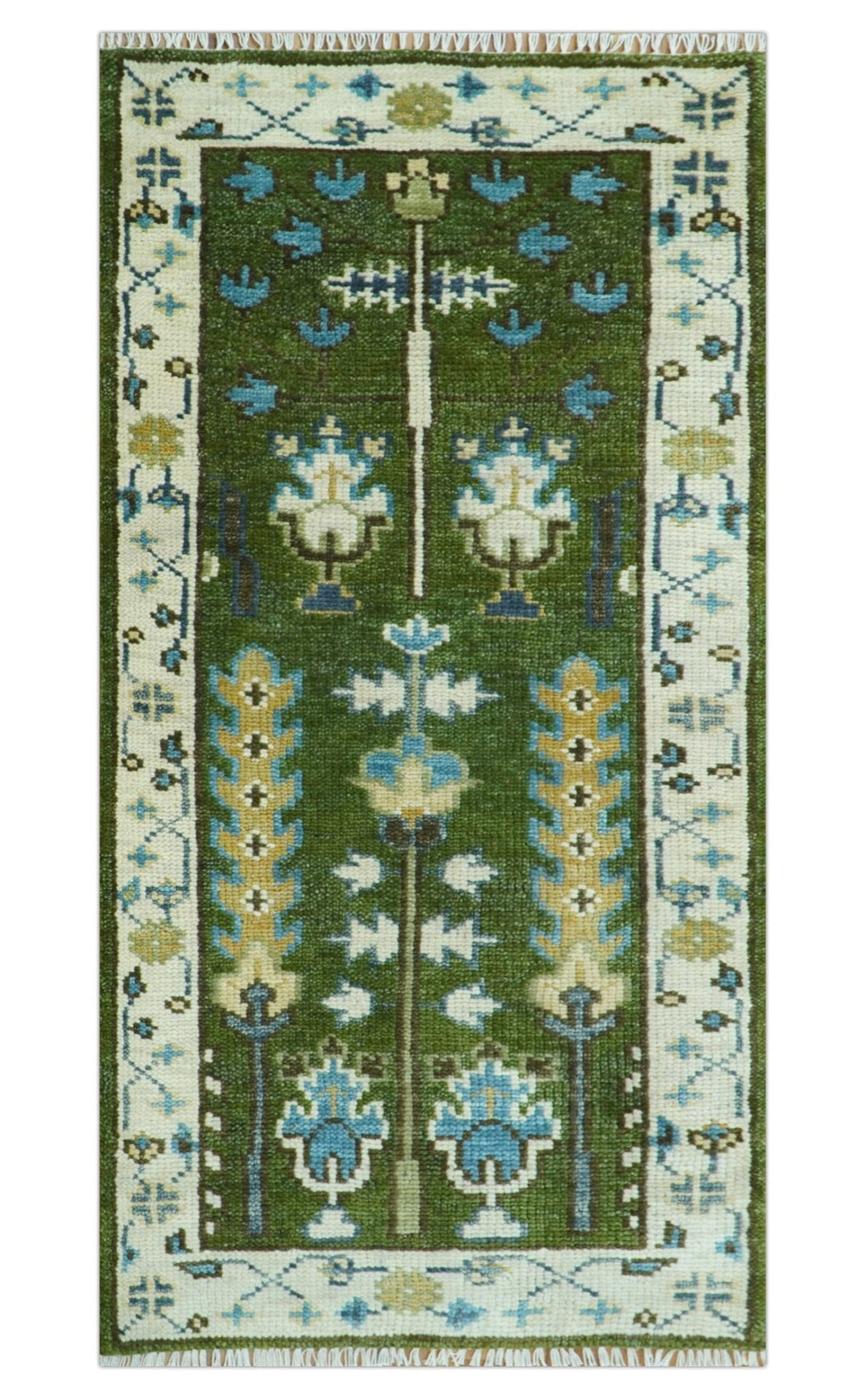 Custom Made Runner Tree of life Green And Ivory Hand Knotted Rug - The Rug Decor