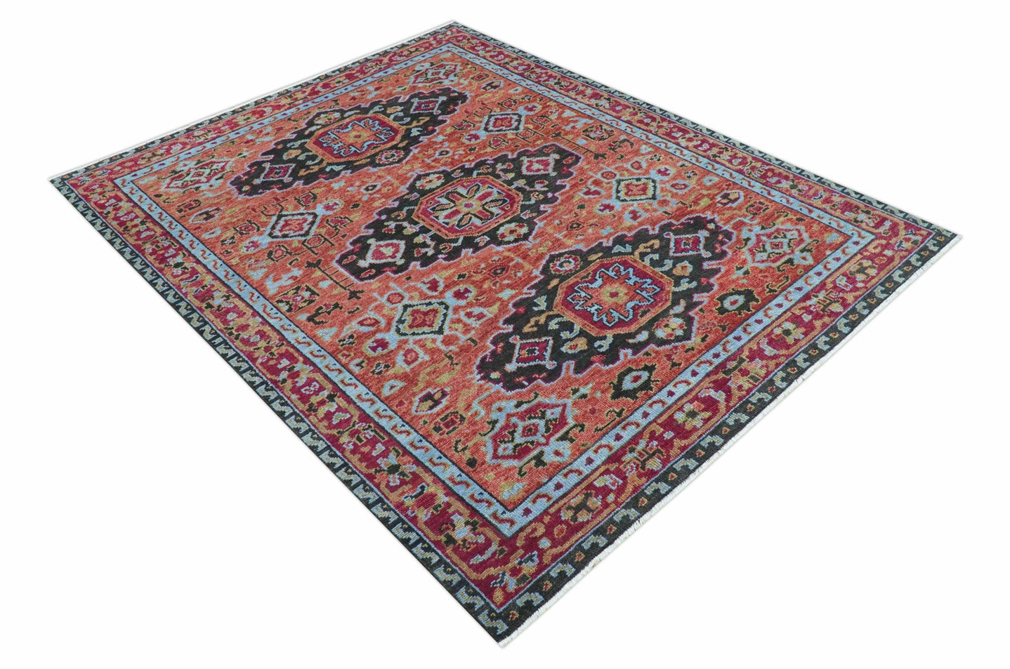 Custom Made Rust And Black Traditional Medallions Design Hand Knotted Wool Rug - The Rug Decor