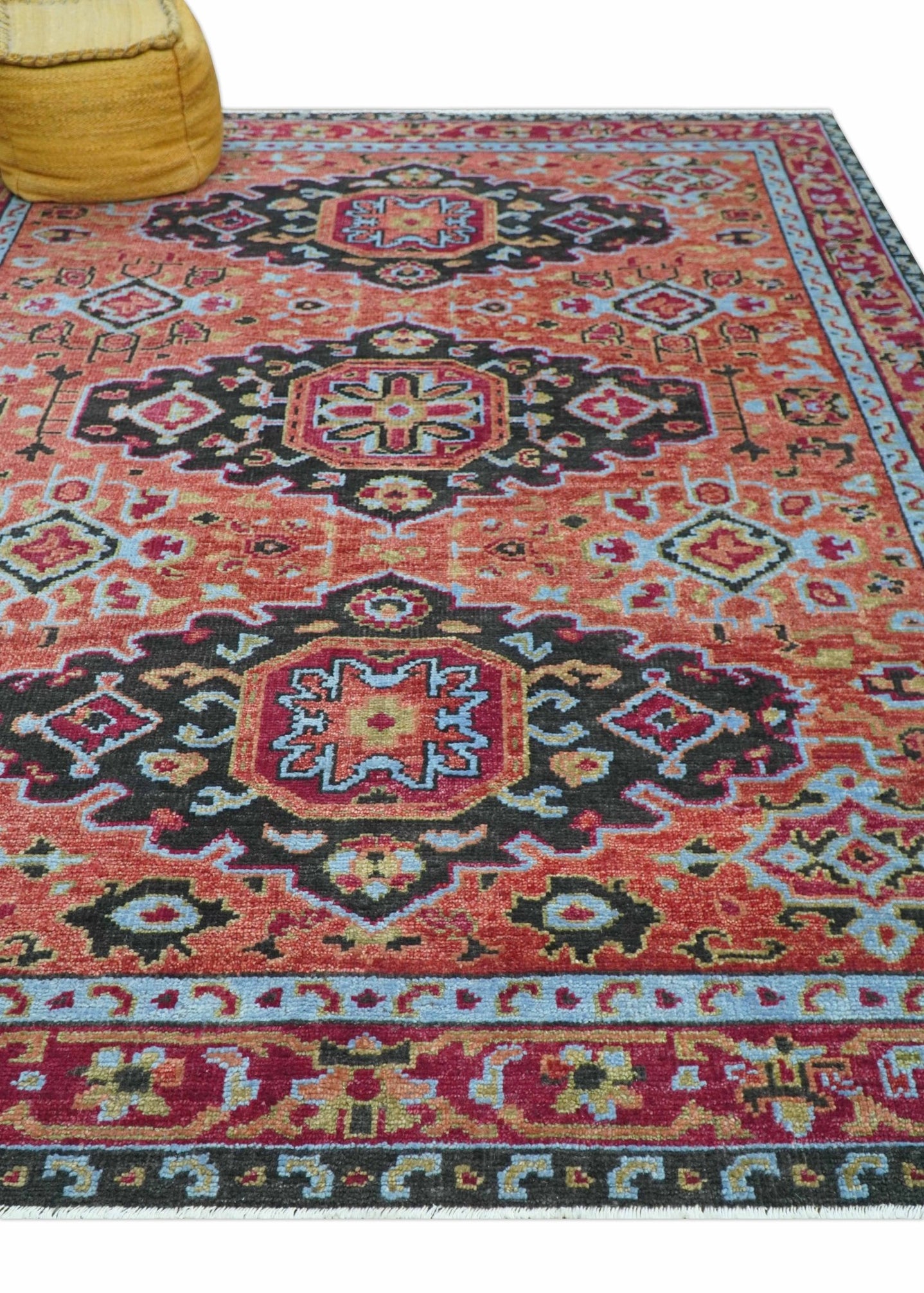 Custom Made Rust And Black Traditional Medallions Design Hand Knotted Wool Rug - The Rug Decor