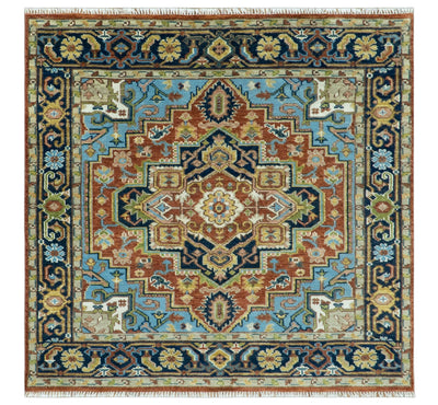 Custom Made Rust and Blue Traditional Medallion Hand Knotted Wool Area Rug - The Rug Decor