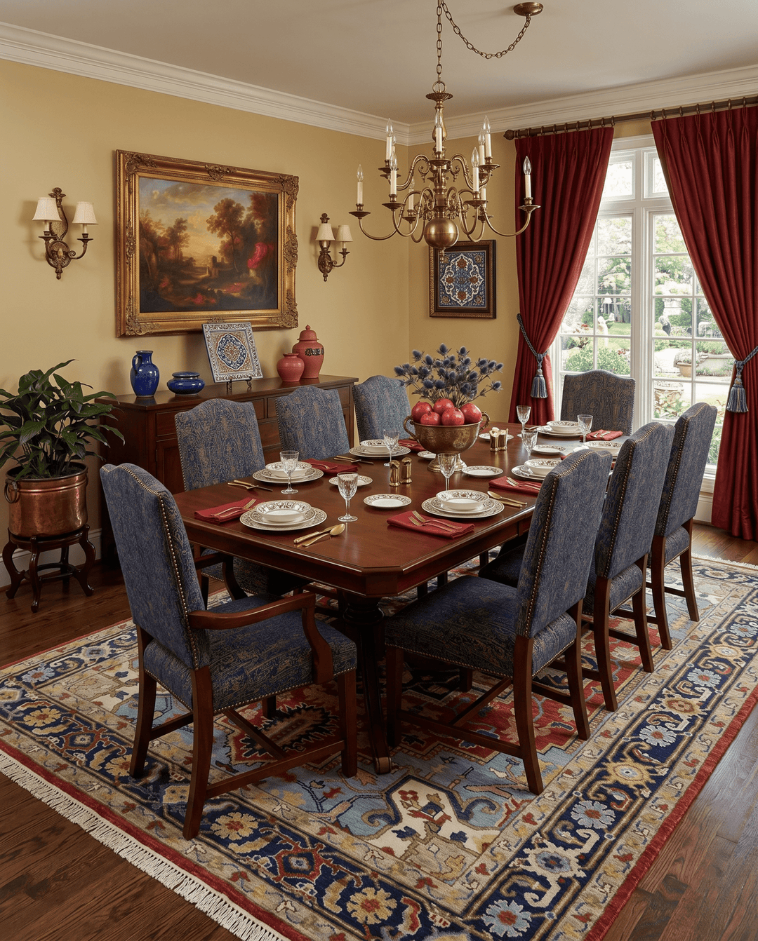 Custom Made Rust and Blue Traditional Medallion Hand Knotted Wool Area Rug - The Rug Decor
