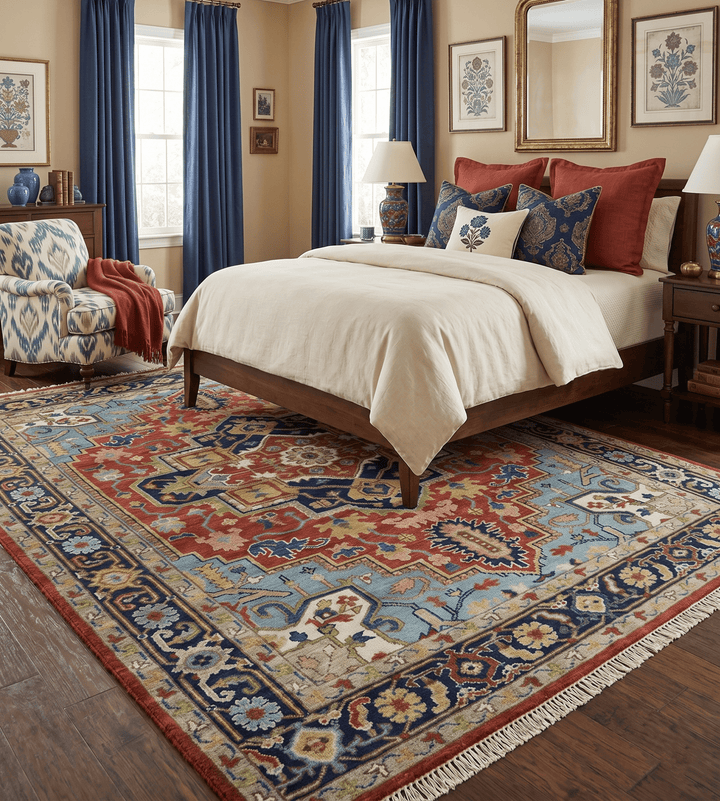 Custom Made Rust and Blue Traditional Medallion Hand Knotted Wool Area Rug - The Rug Decor