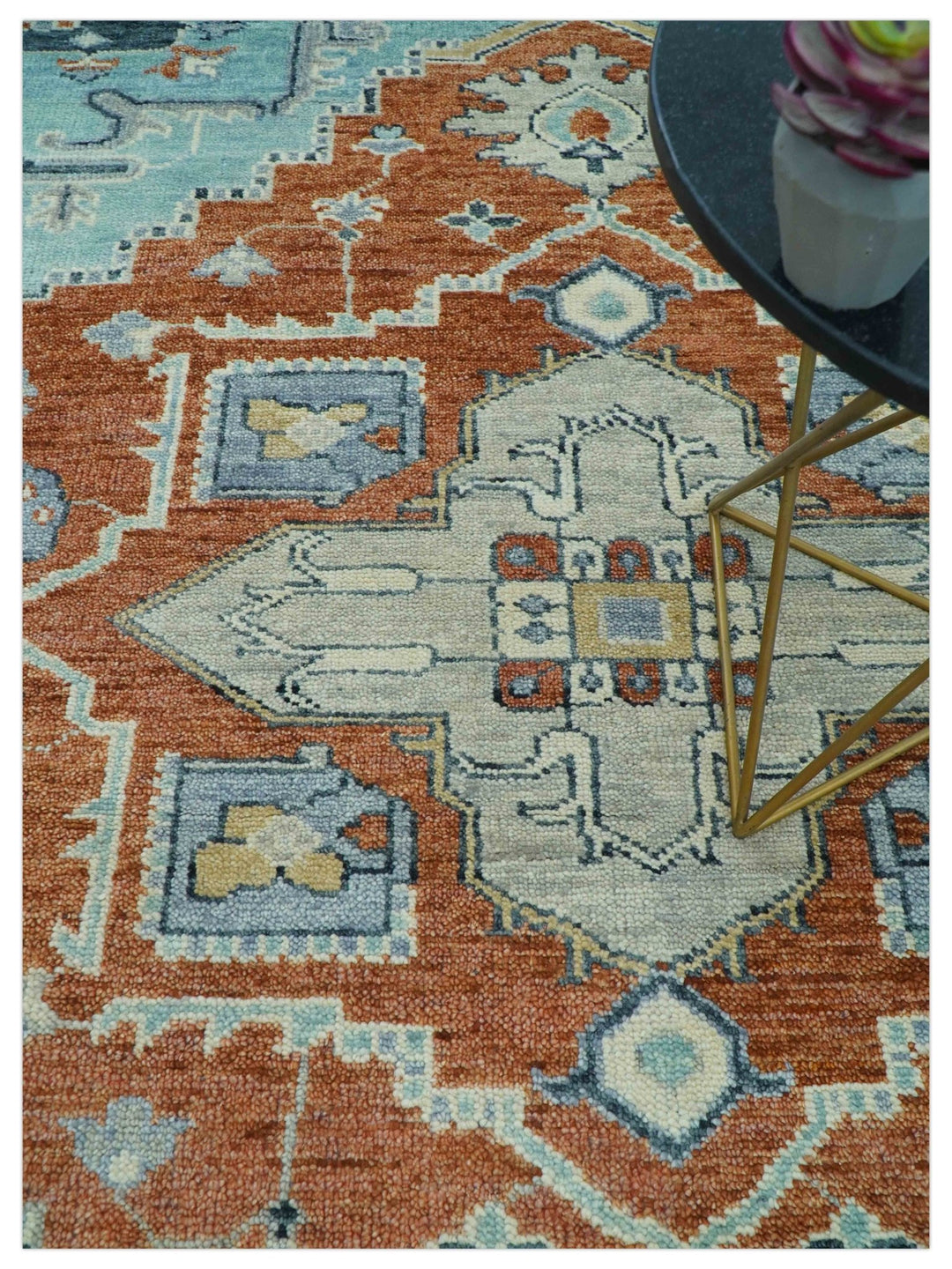 Custom Made Rust And Blue Traditional Serapi Design Hand Knotted Wool Rug - The Rug Decor