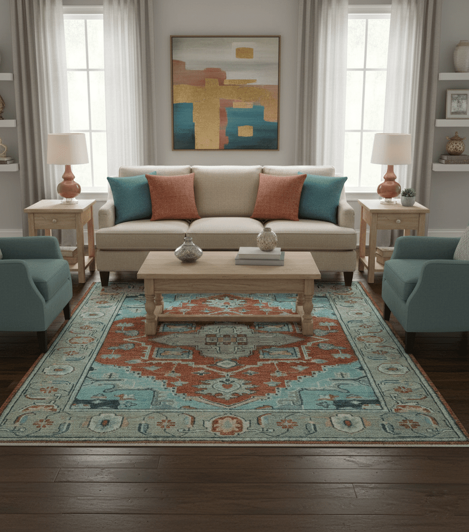 Custom Made Rust And Blue Traditional Serapi Design Hand Knotted Wool Rug - The Rug Decor