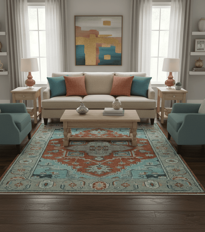 Custom Made Rust And Blue Traditional Serapi Design Hand Knotted Wool Rug - The Rug Decor