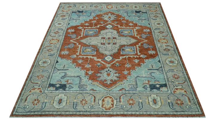 Custom Made Rust And Blue Traditional Serapi Design Hand Knotted Wool Rug - The Rug Decor