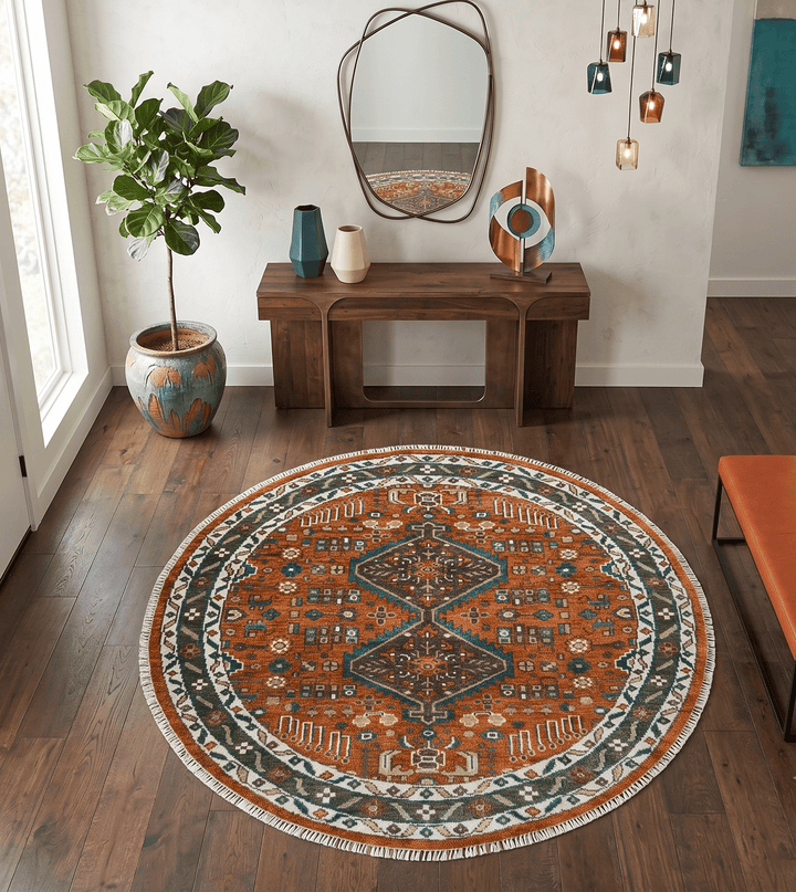 Custom Made Rust And Brown Round Oriental Hand Knotted Wool Rug - The Rug Decor