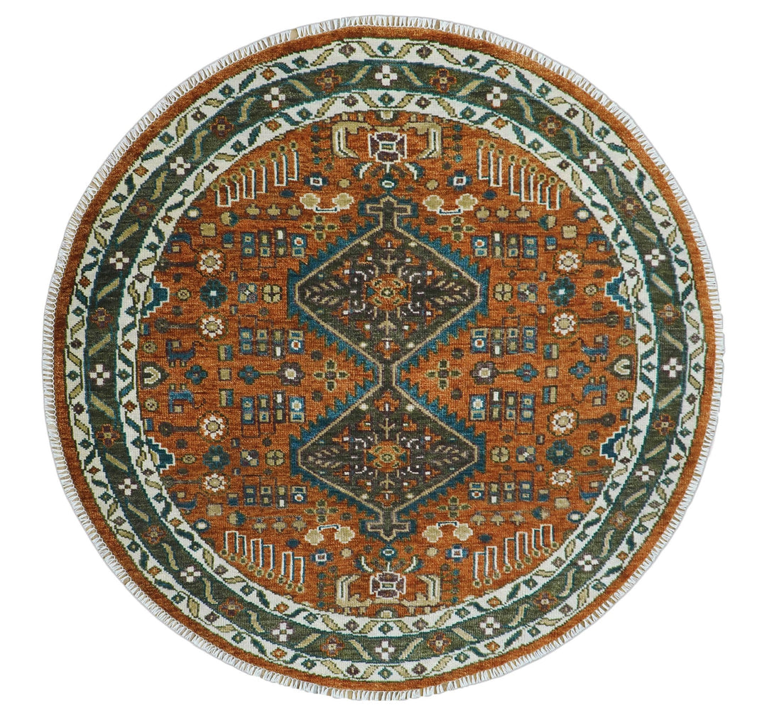 Custom Made Rust And Brown Round Oriental Hand Knotted Wool Rug - The Rug Decor